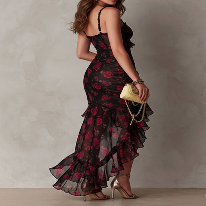 Long Black and Red Dress with Flowers and Ruffles