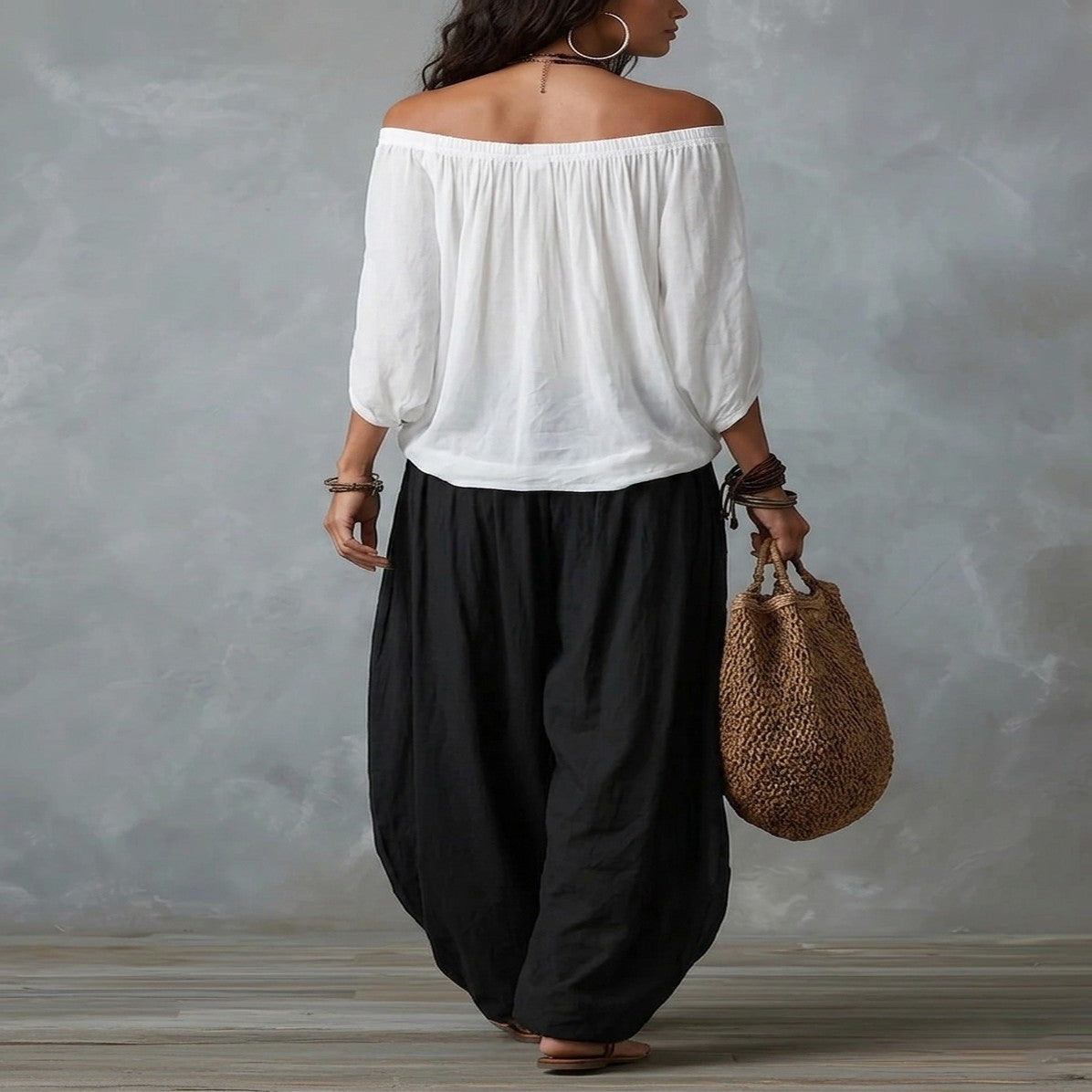 White Set of Off-The-Shoulder Top and Loose Pants