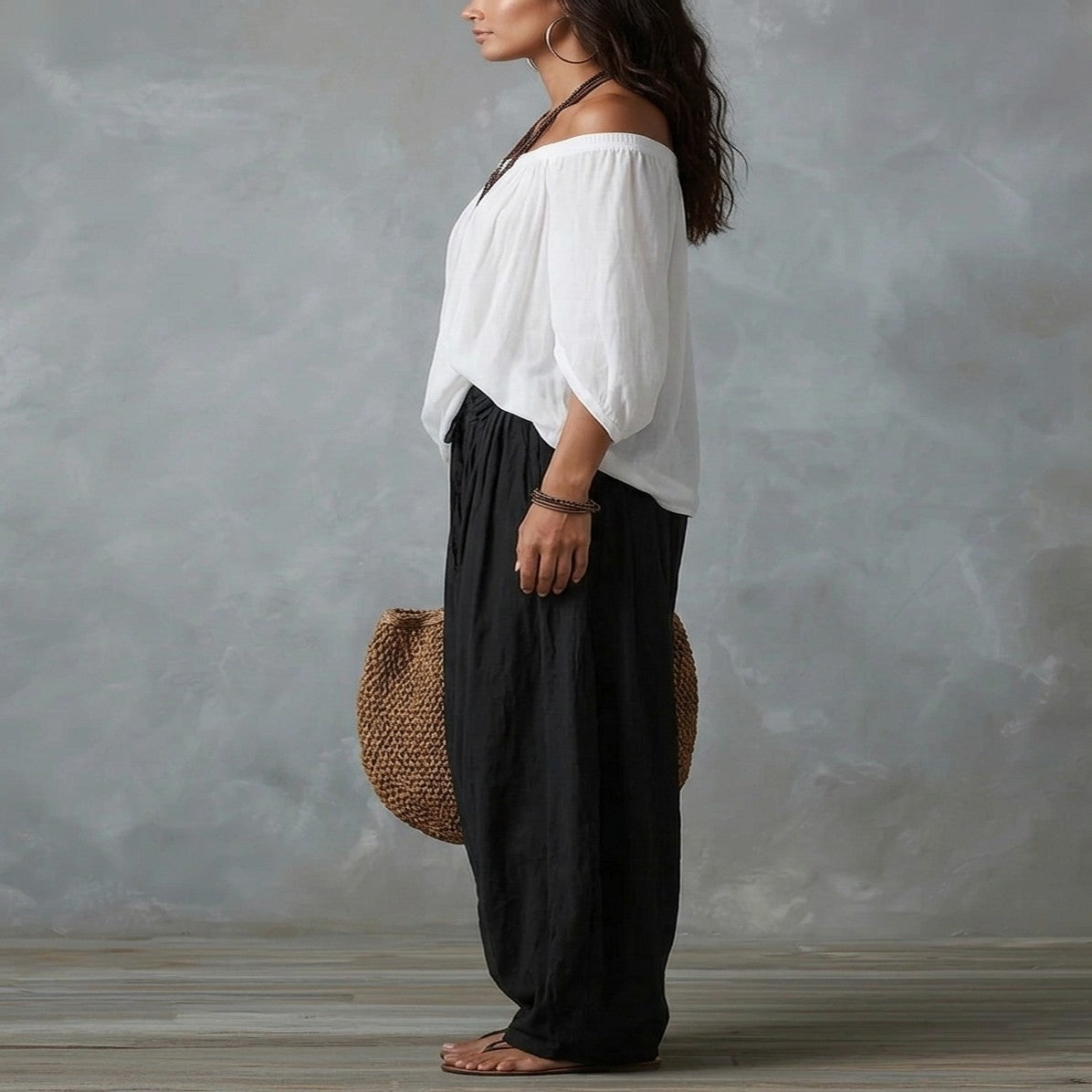 White Set of Off-The-Shoulder Top and Loose Pants