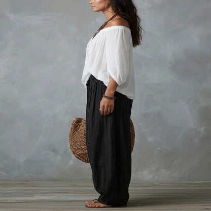 White Set of Off-The-Shoulder Top and Loose Pants