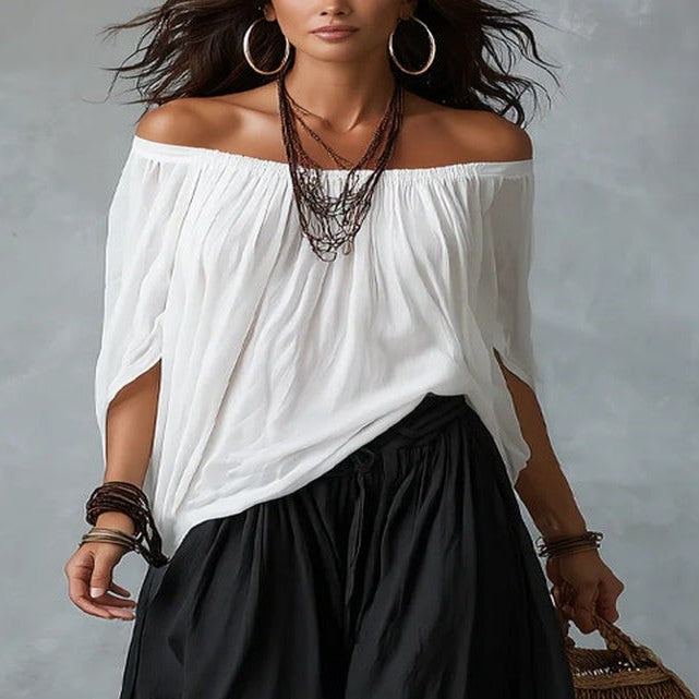 White Set of Off-The-Shoulder Top and Loose Pants