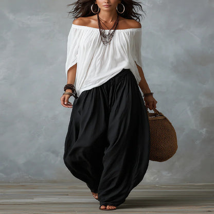 White Set of Off-The-Shoulder Top and Loose Pants