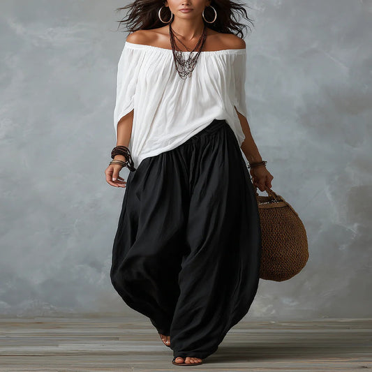 White Set of Off-The-Shoulder Top and Loose Pants