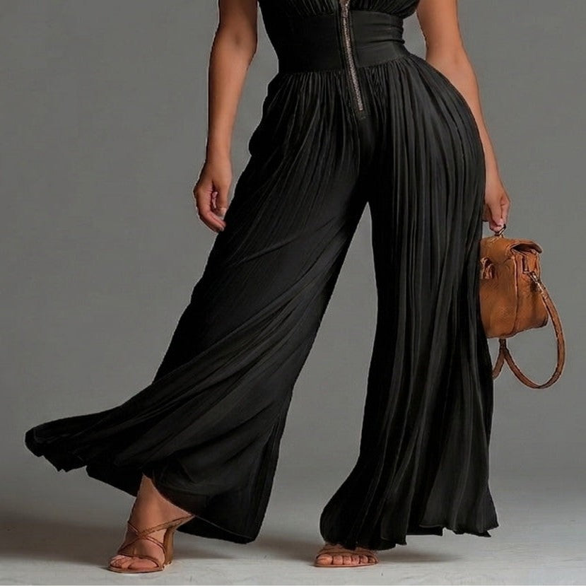Black Chiffon Jumpsuit with V-Neck and Wide Leg