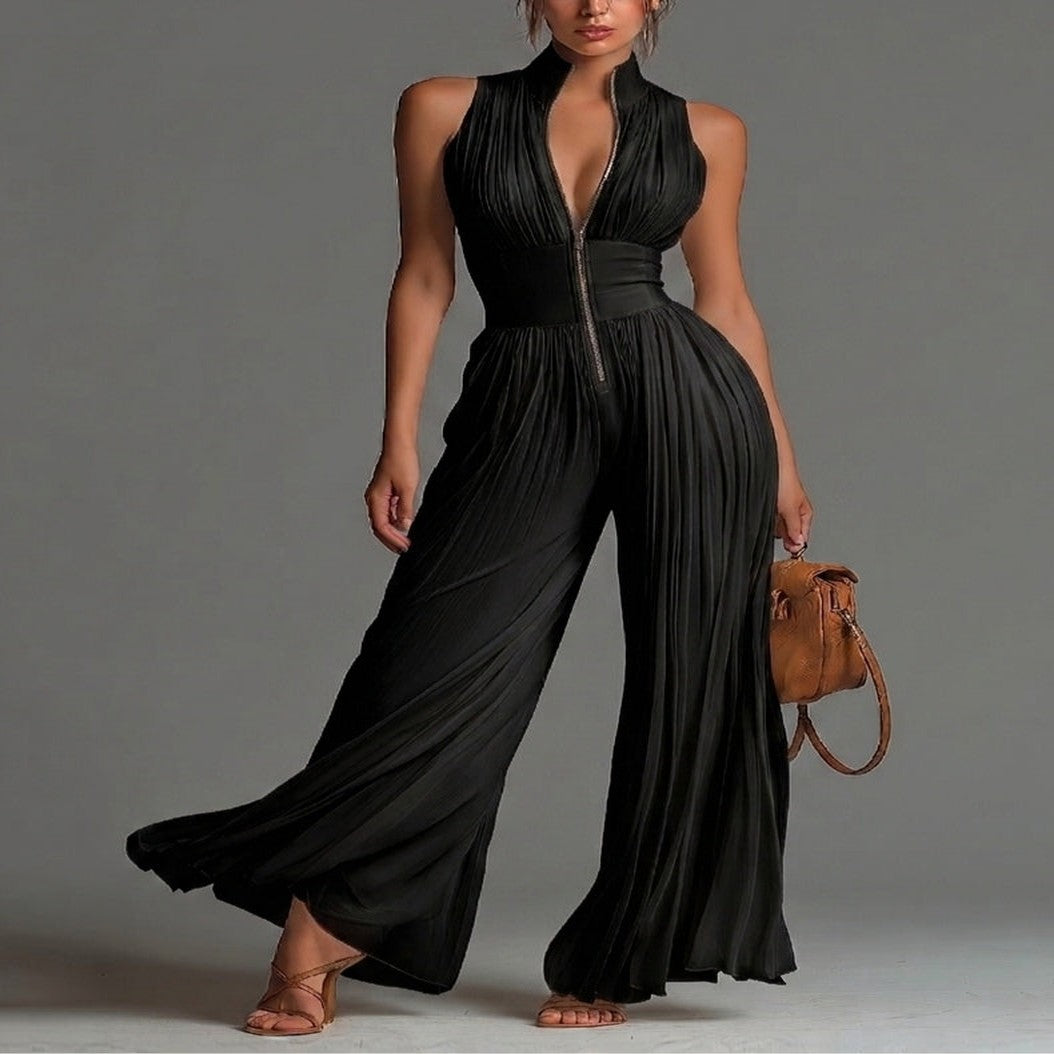 Black Chiffon Jumpsuit with V-Neck and Wide Leg