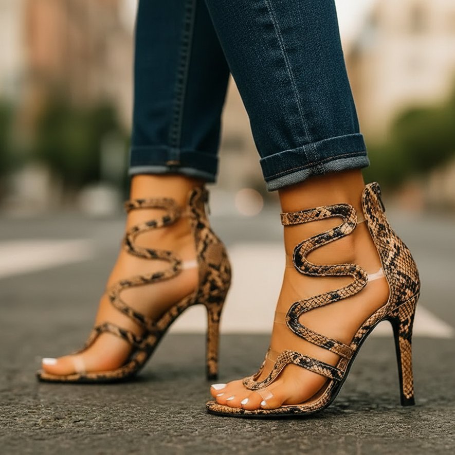 Sophia | Snake-print stiletto heel sandals with wrap-around straps