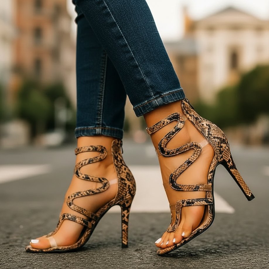 Sophia | Snake-print stiletto heel sandals with wrap-around straps
