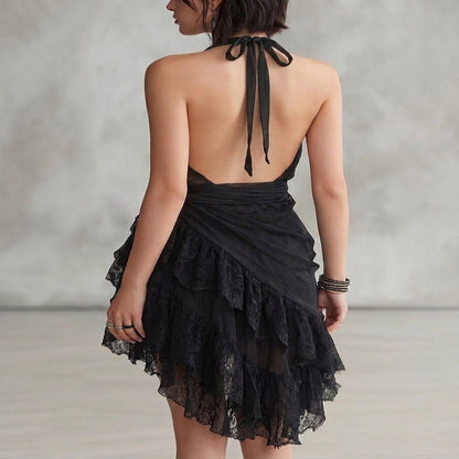 Black Lace Mini Dress with Halter Neckline and Ruffles
