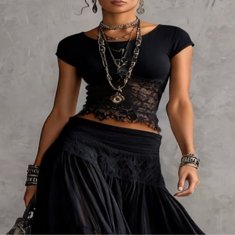 Black Lace Top and Pleated Maxi Skirt Set