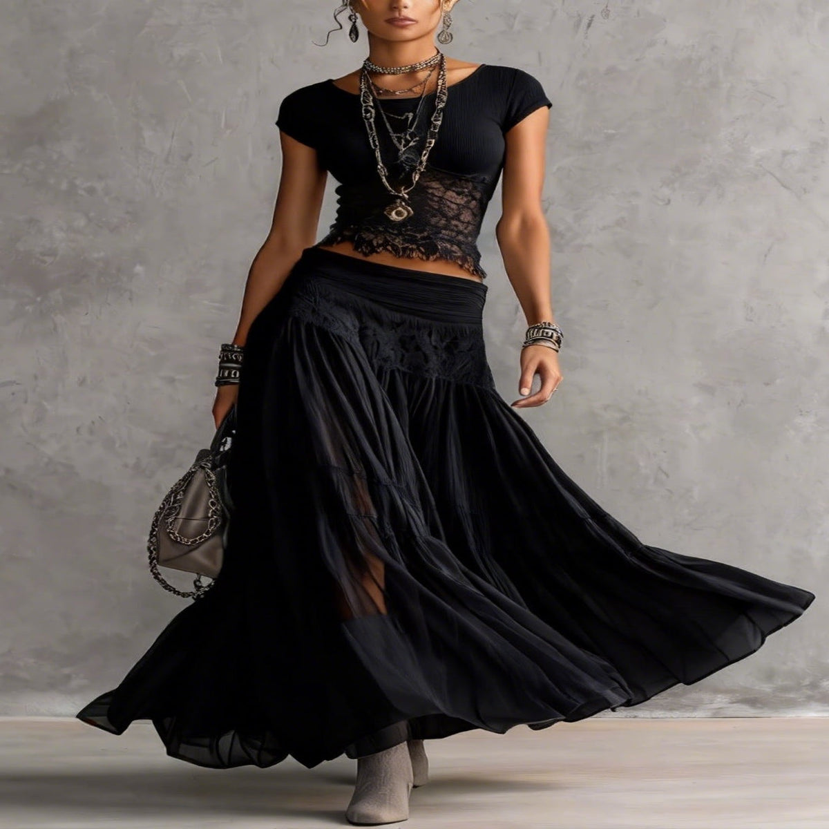 Black Lace Top and Pleated Maxi Skirt Set