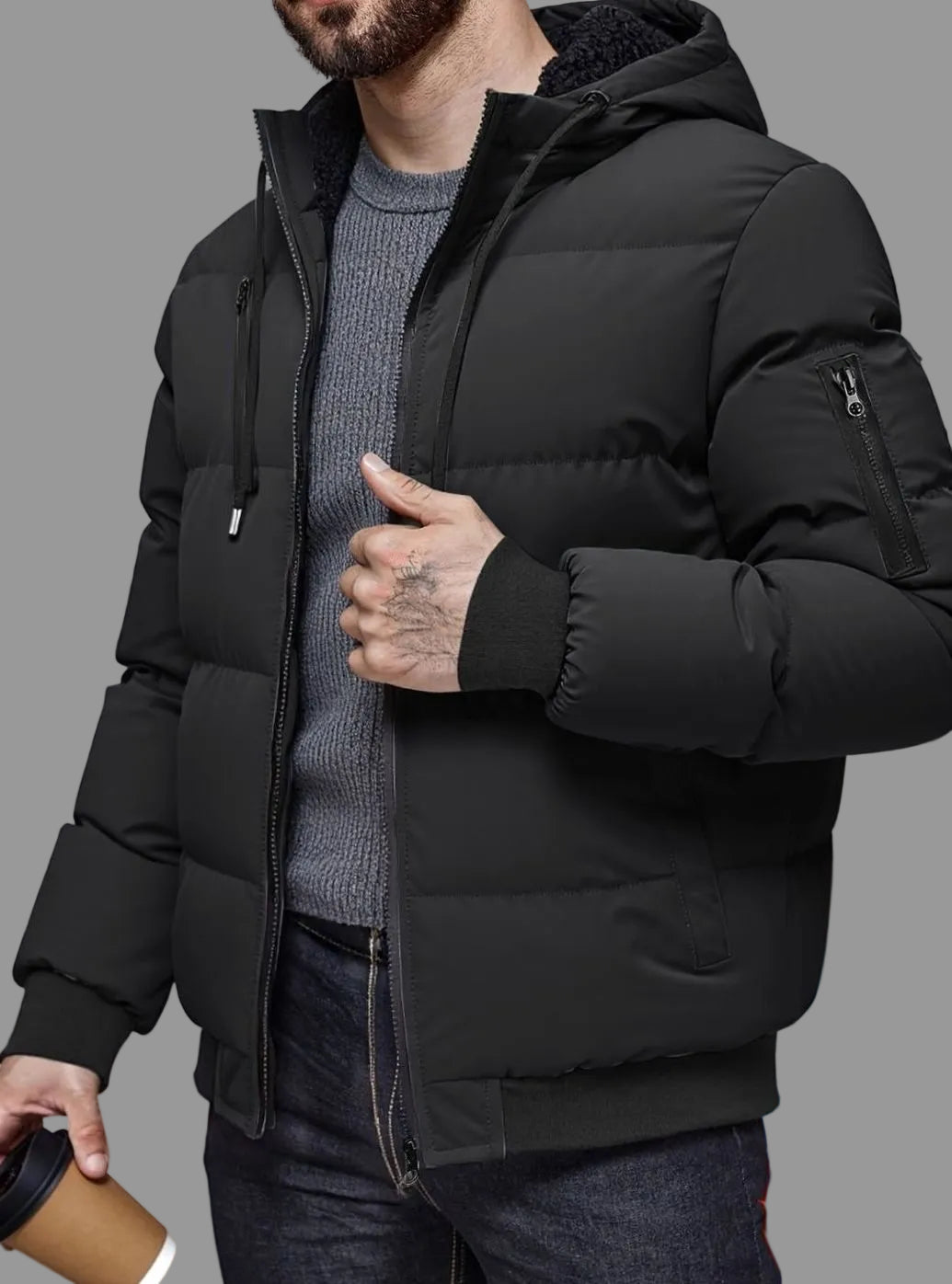 Alexander | Chaqueta de invierno acolchada de hombre con capucha, puños de canalé y cremallera