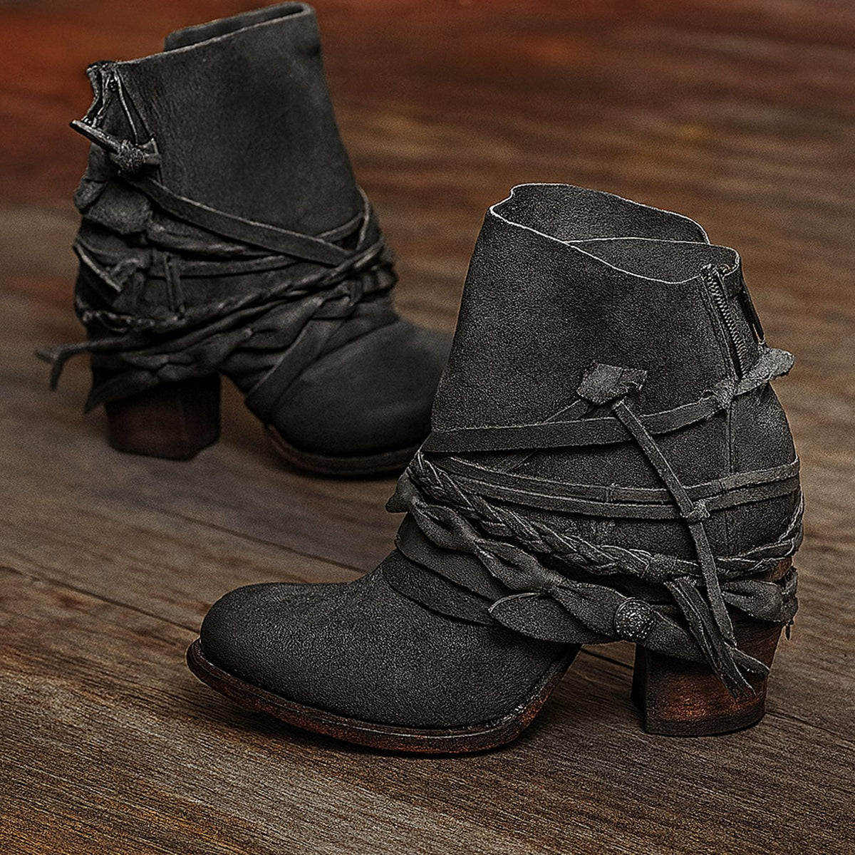 Victoria | Women's boho western ankle boots with wrap-around strap and block heel