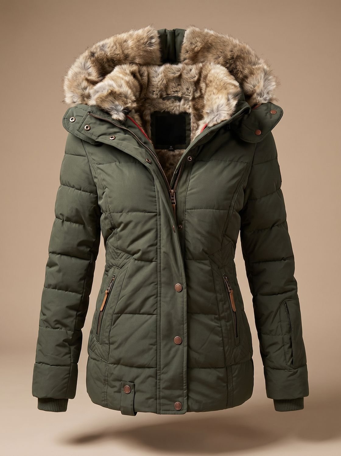 Evelyn | Abrigo de invierno acolchado tipo plumífero con capucha de pelo sintético para mujer