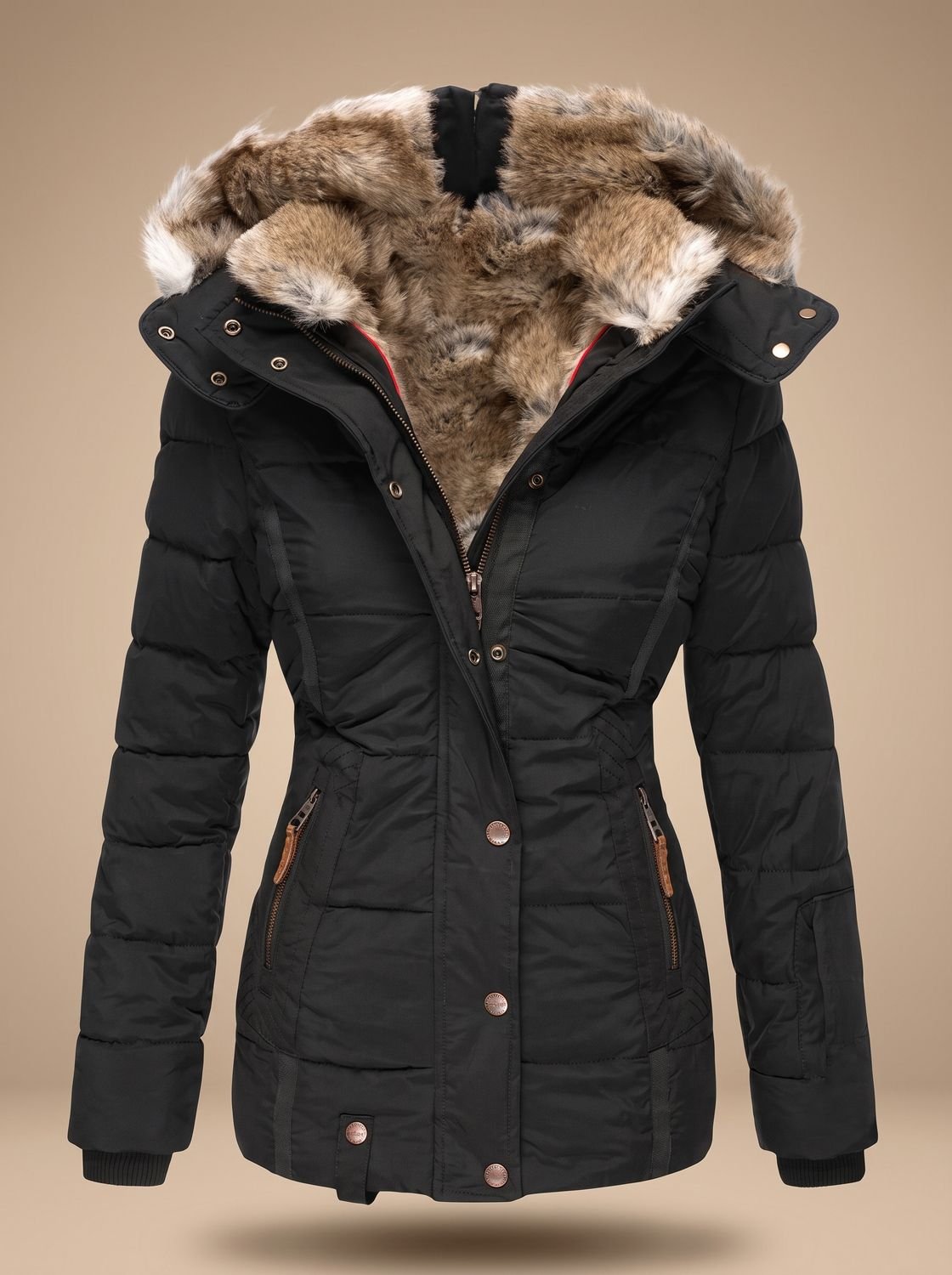 Evelyn | Abrigo de invierno acolchado tipo plumífero con capucha de pelo sintético para mujer