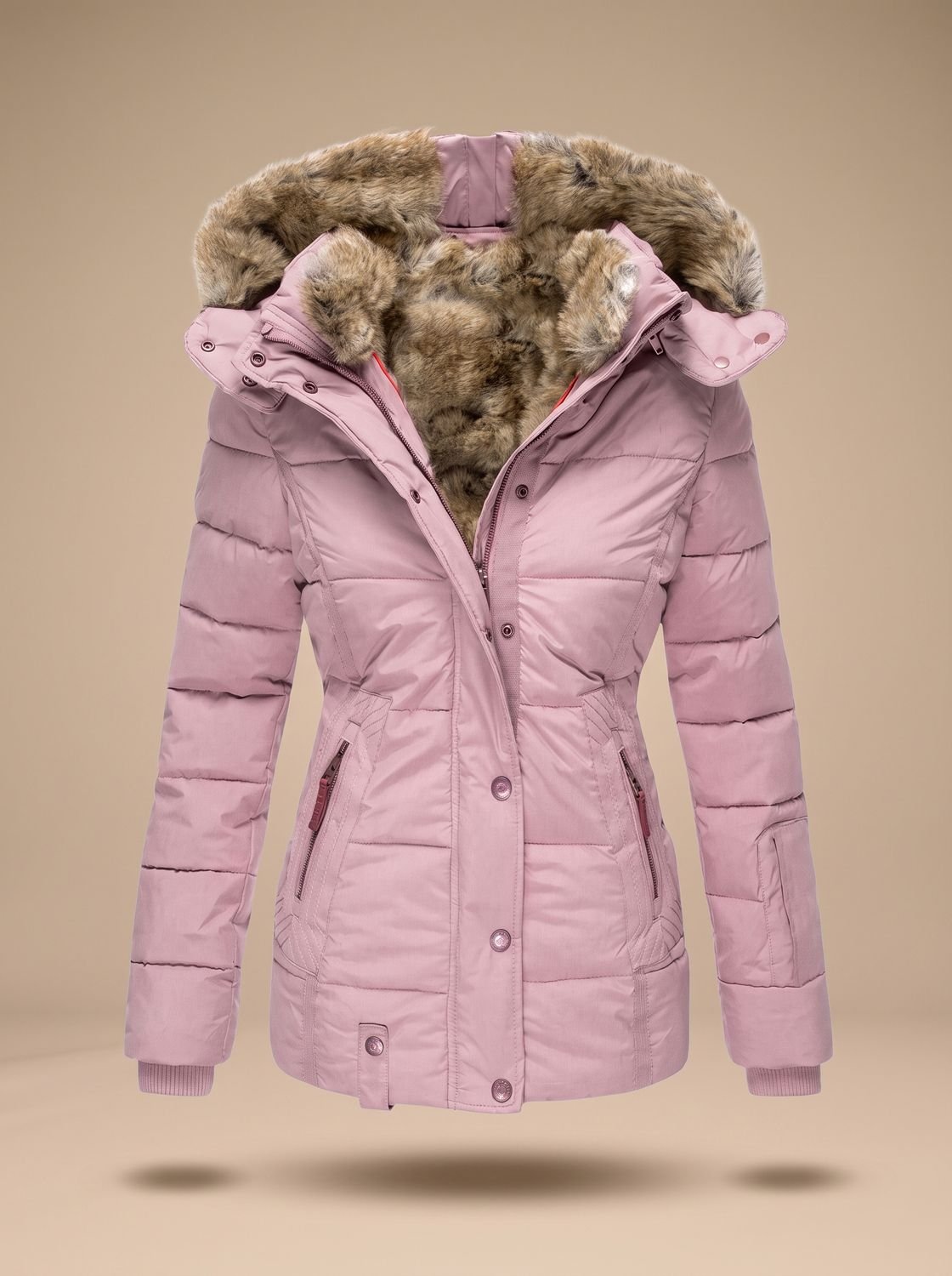 Evelyn | Abrigo de invierno acolchado tipo plumífero con capucha de pelo sintético para mujer