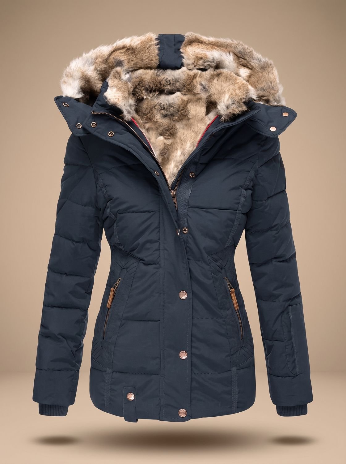Evelyn | Abrigo de invierno acolchado tipo plumífero con capucha de pelo sintético para mujer