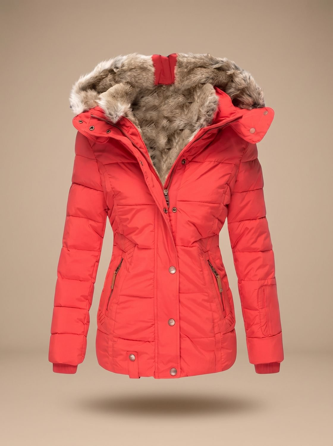 Evelyn | Abrigo de invierno acolchado tipo plumífero con capucha de pelo sintético para mujer