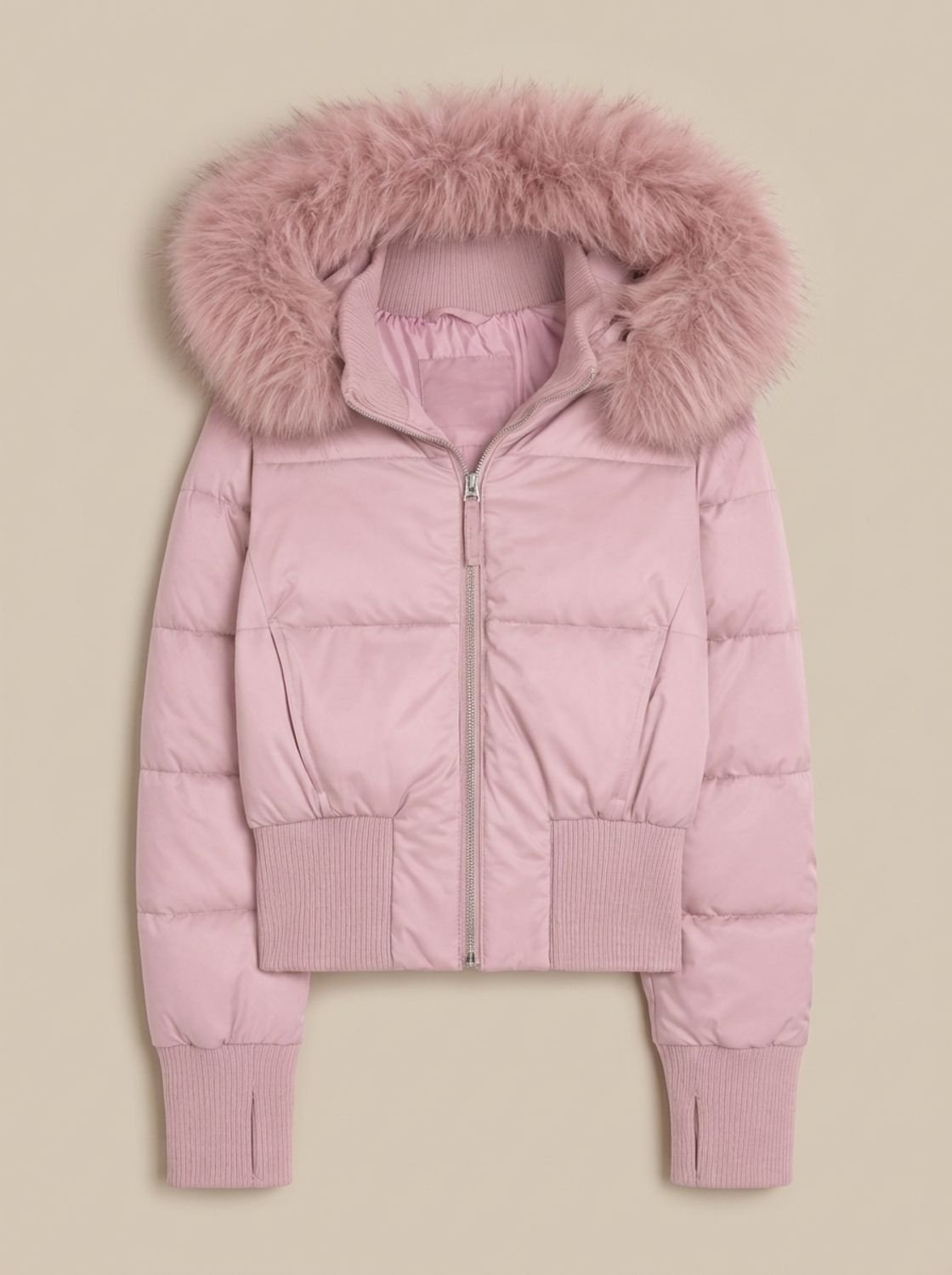 Amelia | Chaqueta plumífera corta y entallada con capucha de pelo sintético para mujer