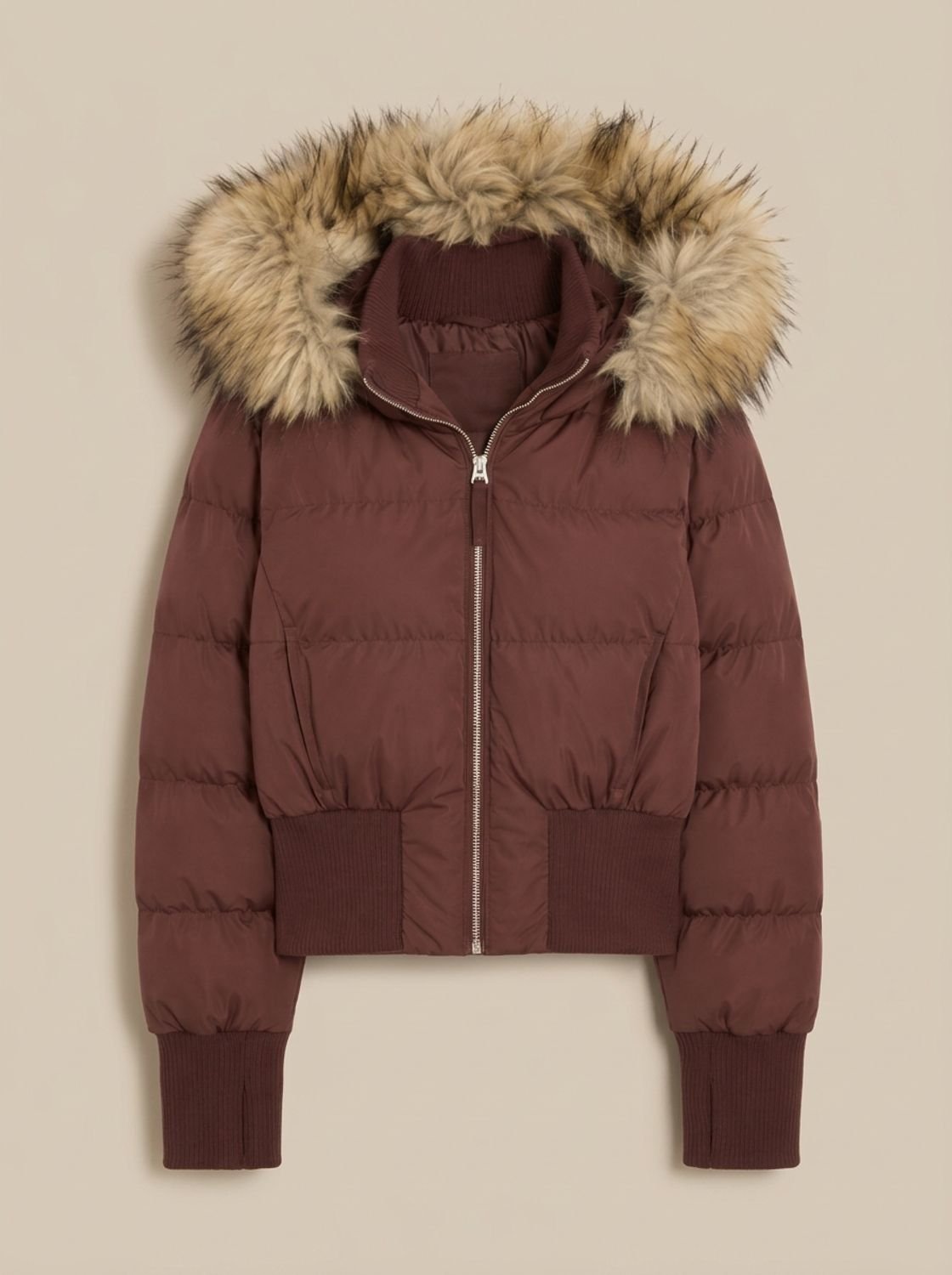 Amelia | Chaqueta plumífera corta y entallada con capucha de pelo sintético para mujer