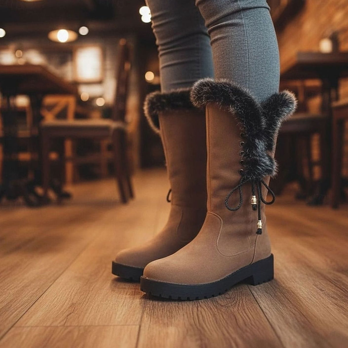 Emma | Women's knee-high snow boots with fur trim and low heel
