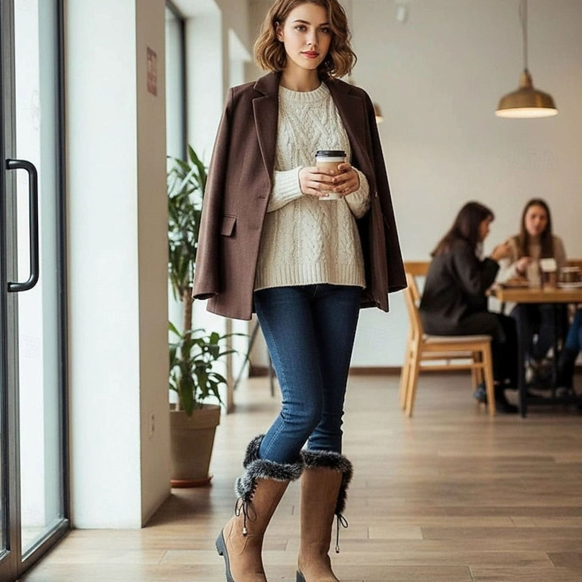 Emma | Women's knee-high snow boots with fur trim and low heel