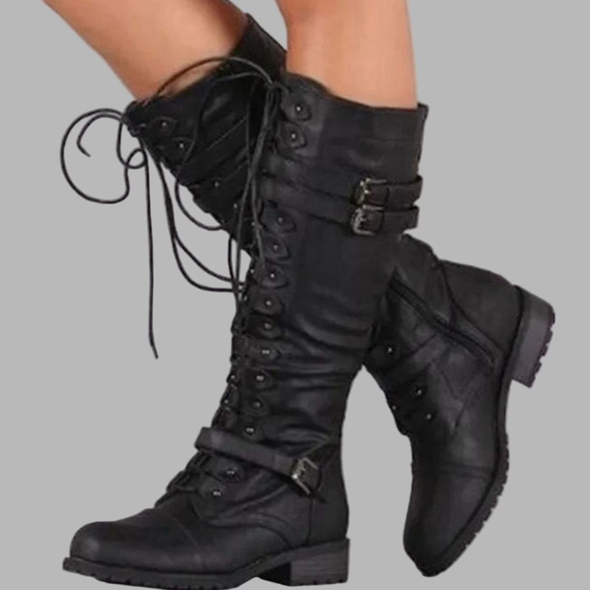 Victoria | Botas militares para mujer hasta la rodilla con cordones y hebilla