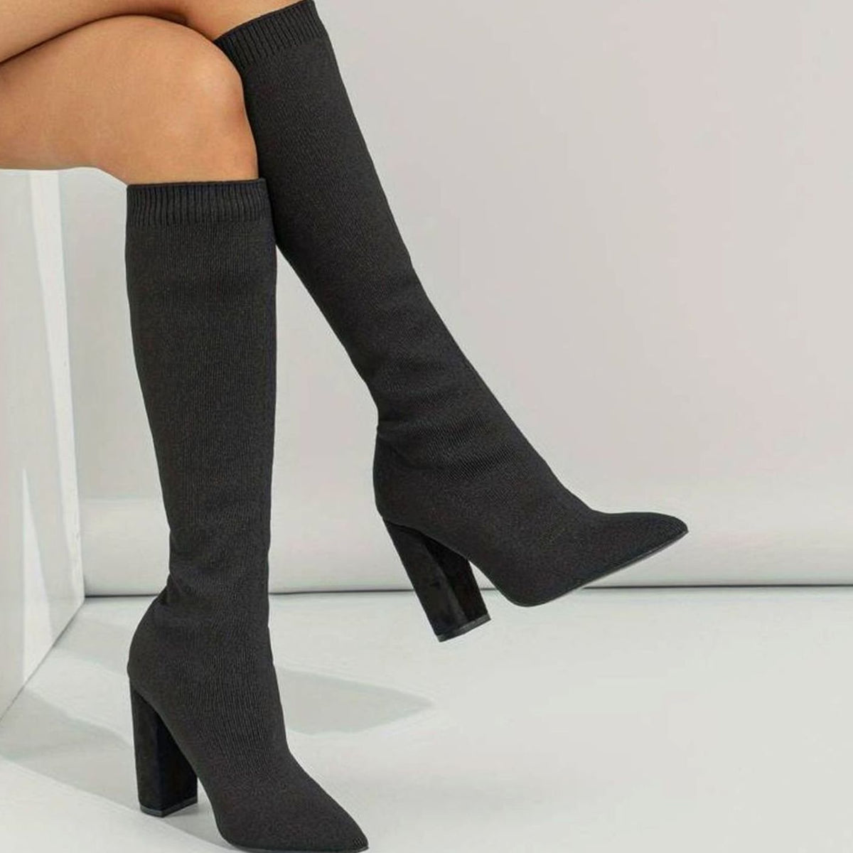 Camila | Women's knee-high knit sock boots with block heel