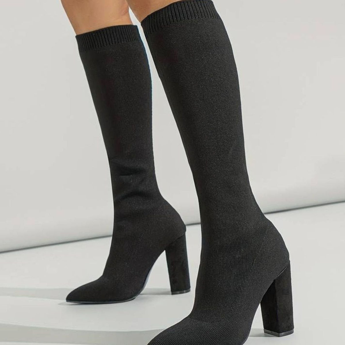 Camila | Women's knee-high knit sock boots with block heel