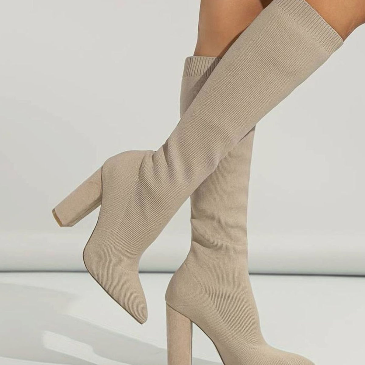 Camila | Women's knee-high knit sock boots with block heel