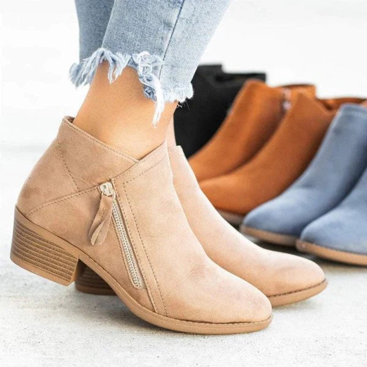 Sophia | Women's suede ankle boots with low heel and side zipper