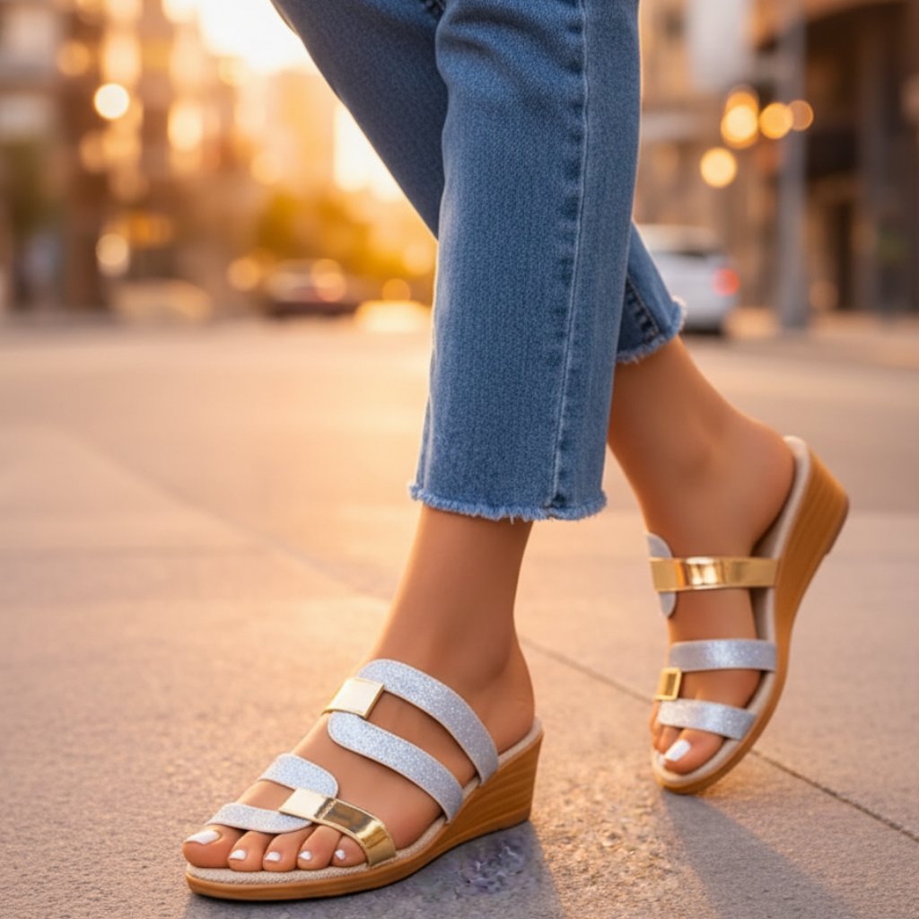 Grace | Slip-on orthopedic sandals with gold and glitter details