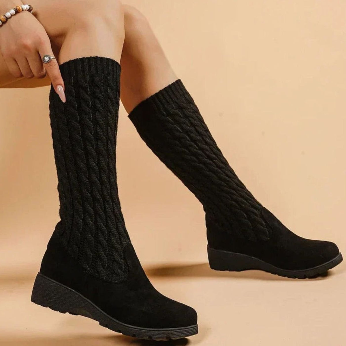 Layla | Women's knee-high suede orthopedic wedge boots with cable knit