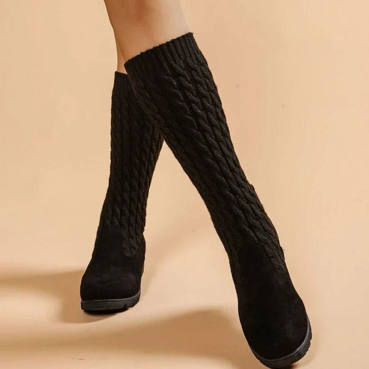 Layla | Women's knee-high suede orthopedic wedge boots with cable knit