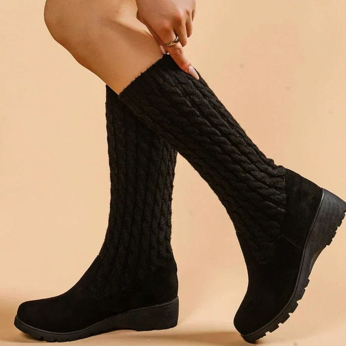 Layla | Women's knee-high suede orthopedic wedge boots with cable knit
