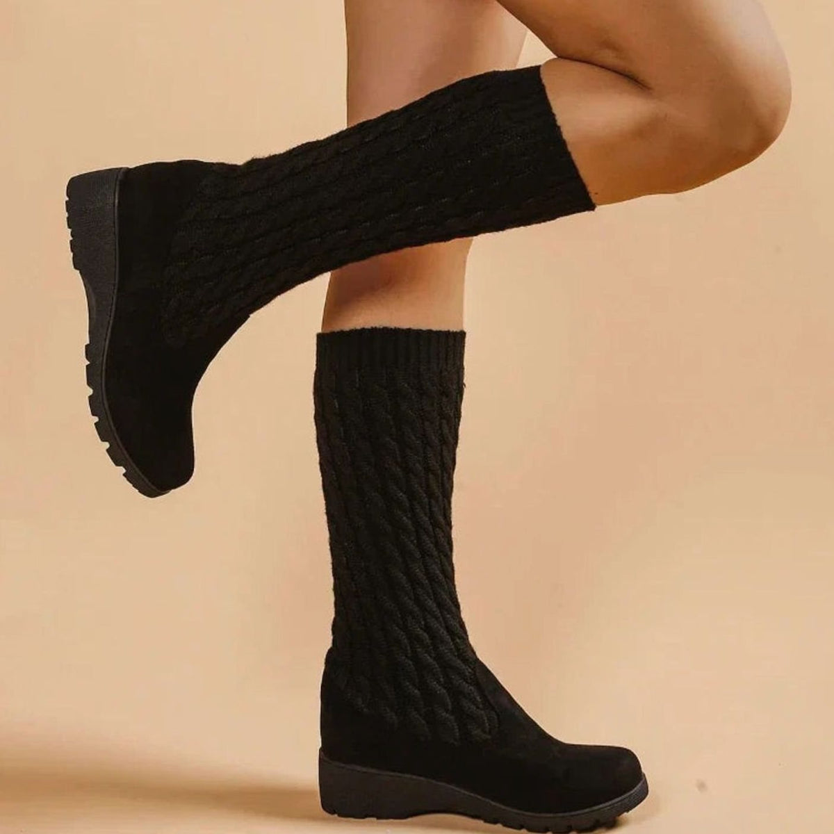 Layla | Women's knee-high suede orthopedic wedge boots with cable knit