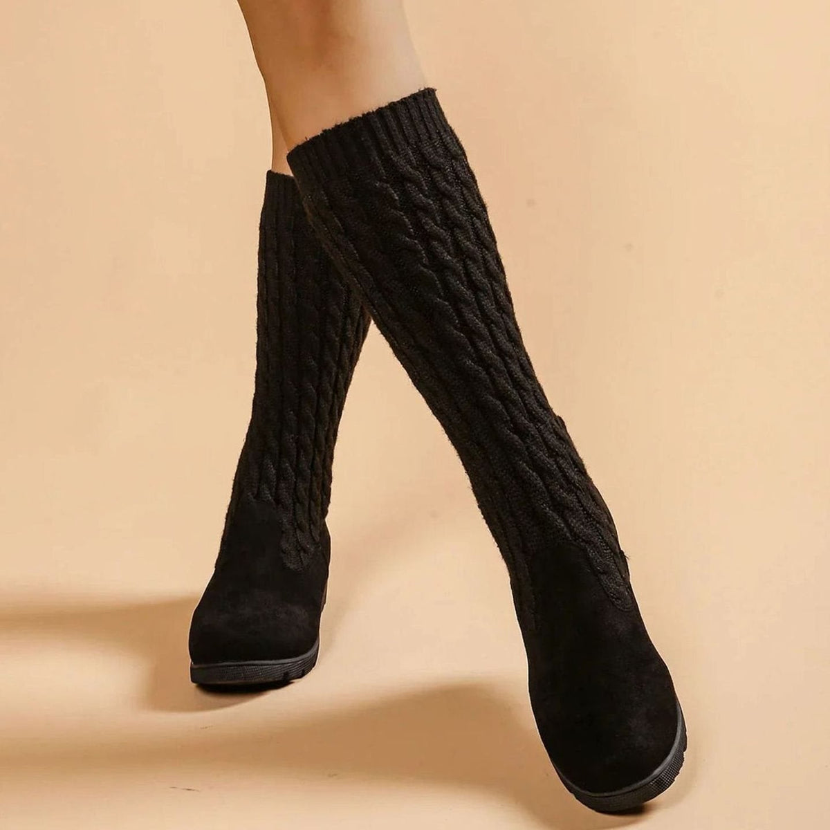 Layla | Women's knee-high suede orthopedic wedge boots with cable knit
