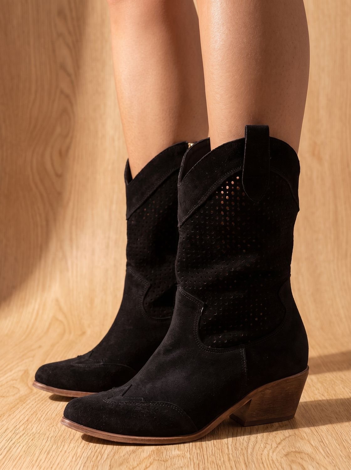 Camila | Women's orthopedic perforated suede western boots with block heel