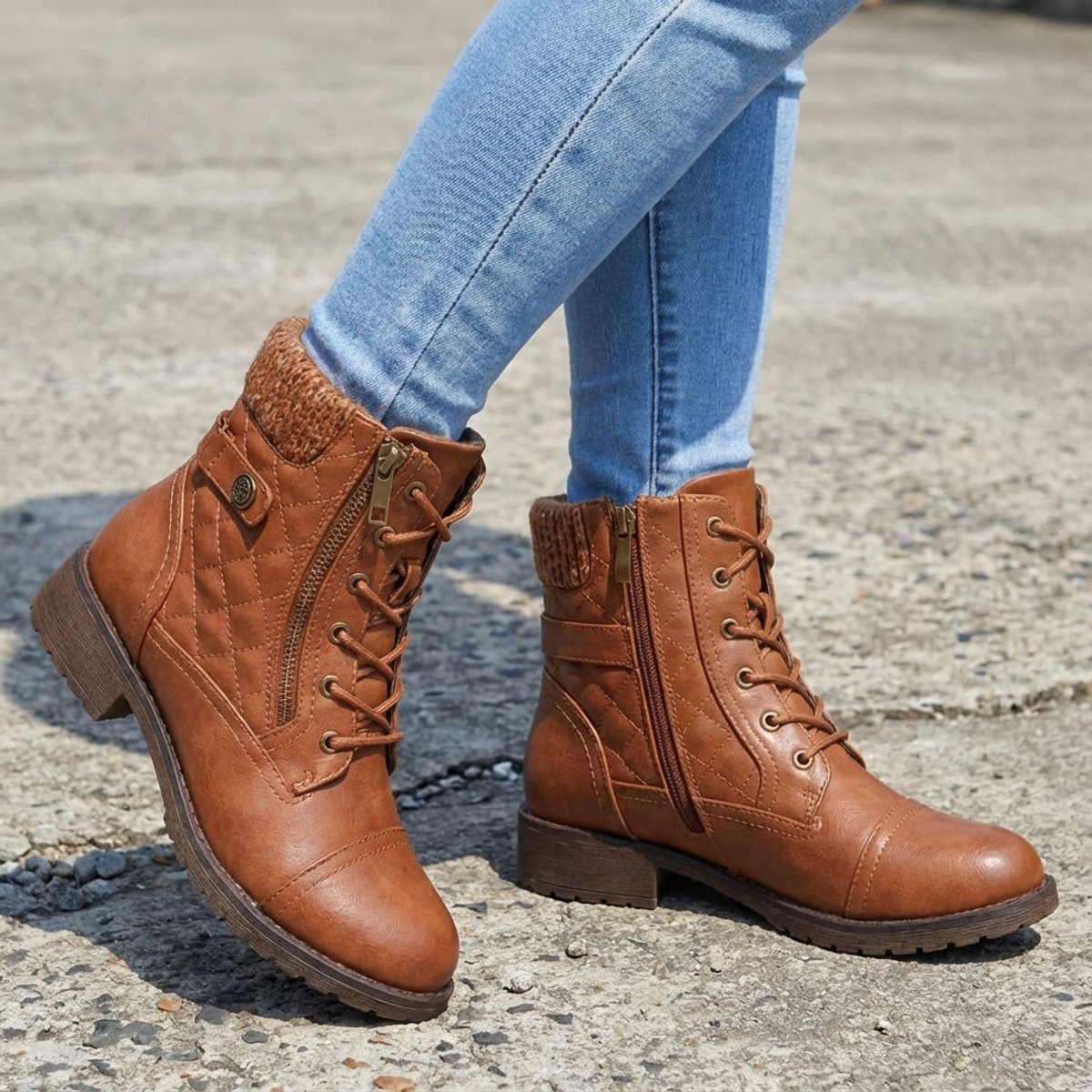 Scarlett | Women's faux leather quilted ankle boots with laces and side zip