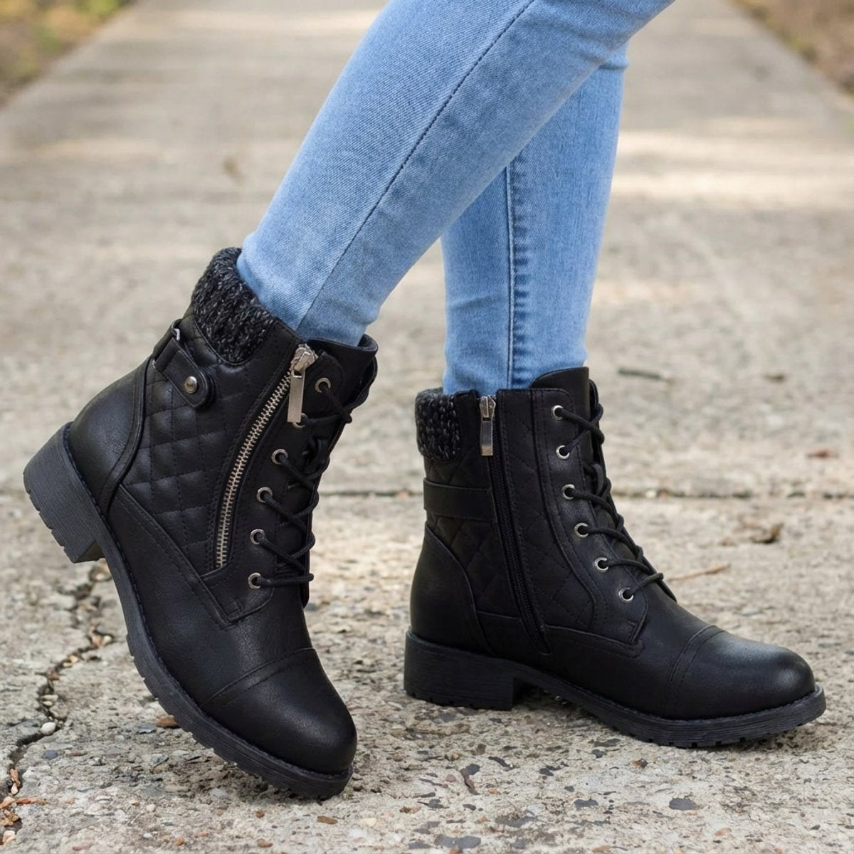 Scarlett | Women's faux leather quilted ankle boots with laces and side zip