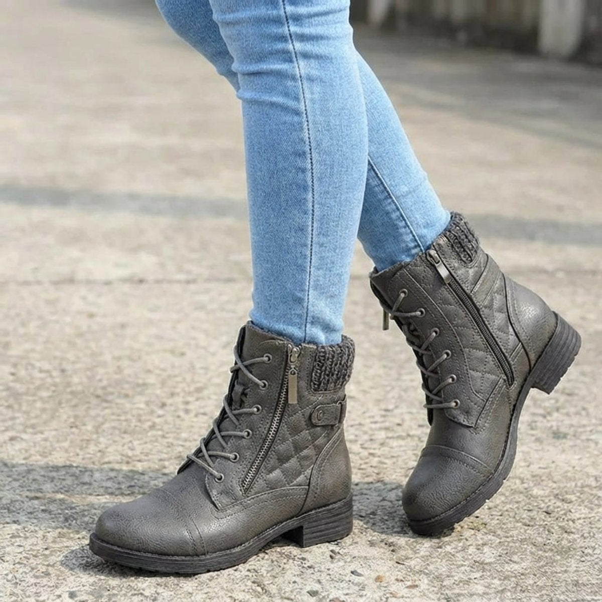 Scarlett | Women's faux leather quilted ankle boots with laces and side zip