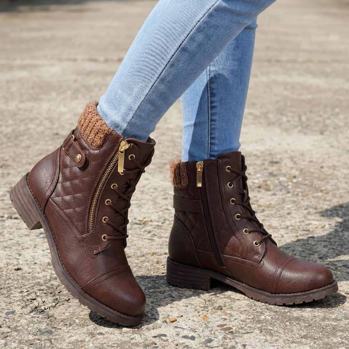 Scarlett | Women's faux leather quilted ankle boots with laces and side zip