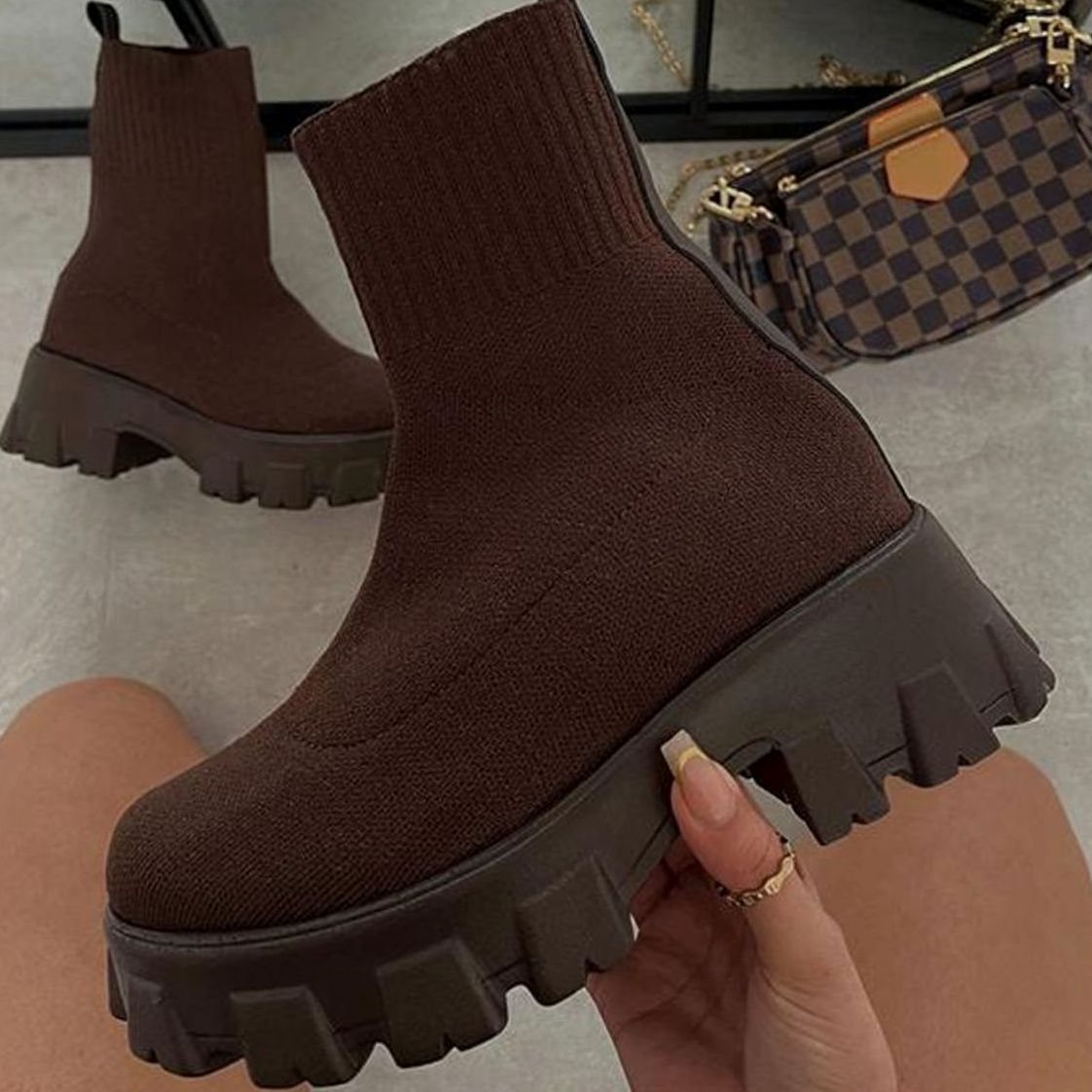 Scarlett | Women's knitted sock boots with block heel and lug sole