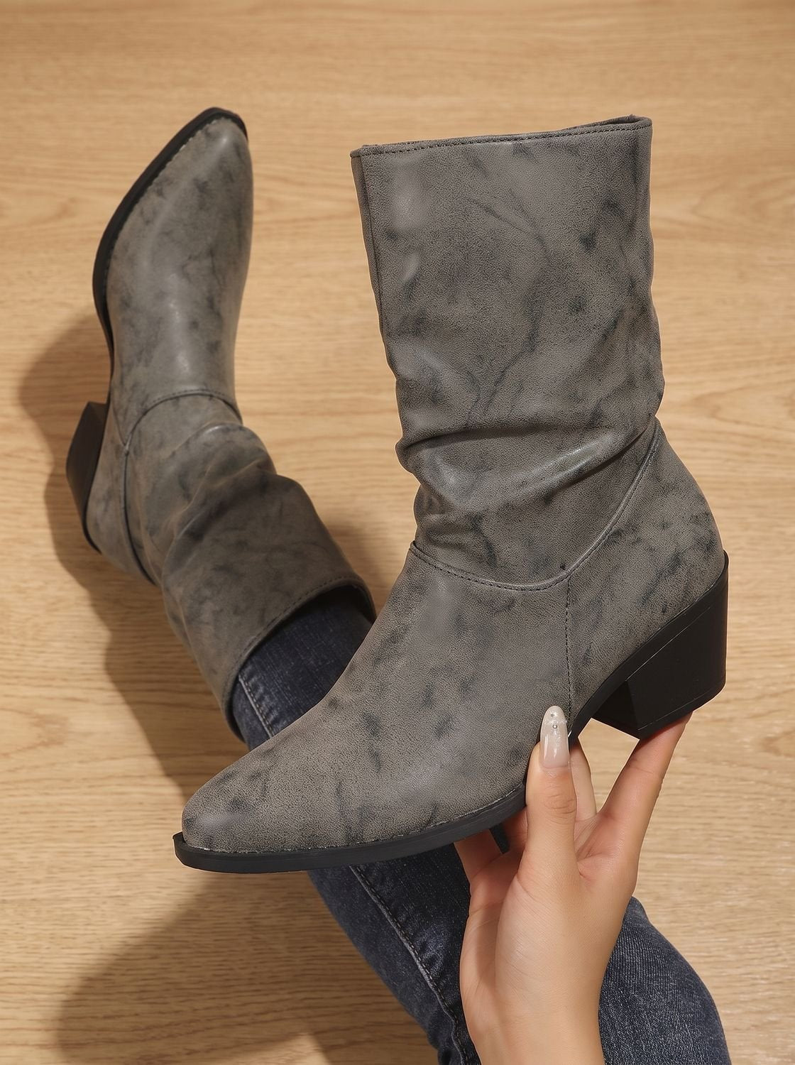 Madison | Women's mid-calf ruched faux leather boots with block heel