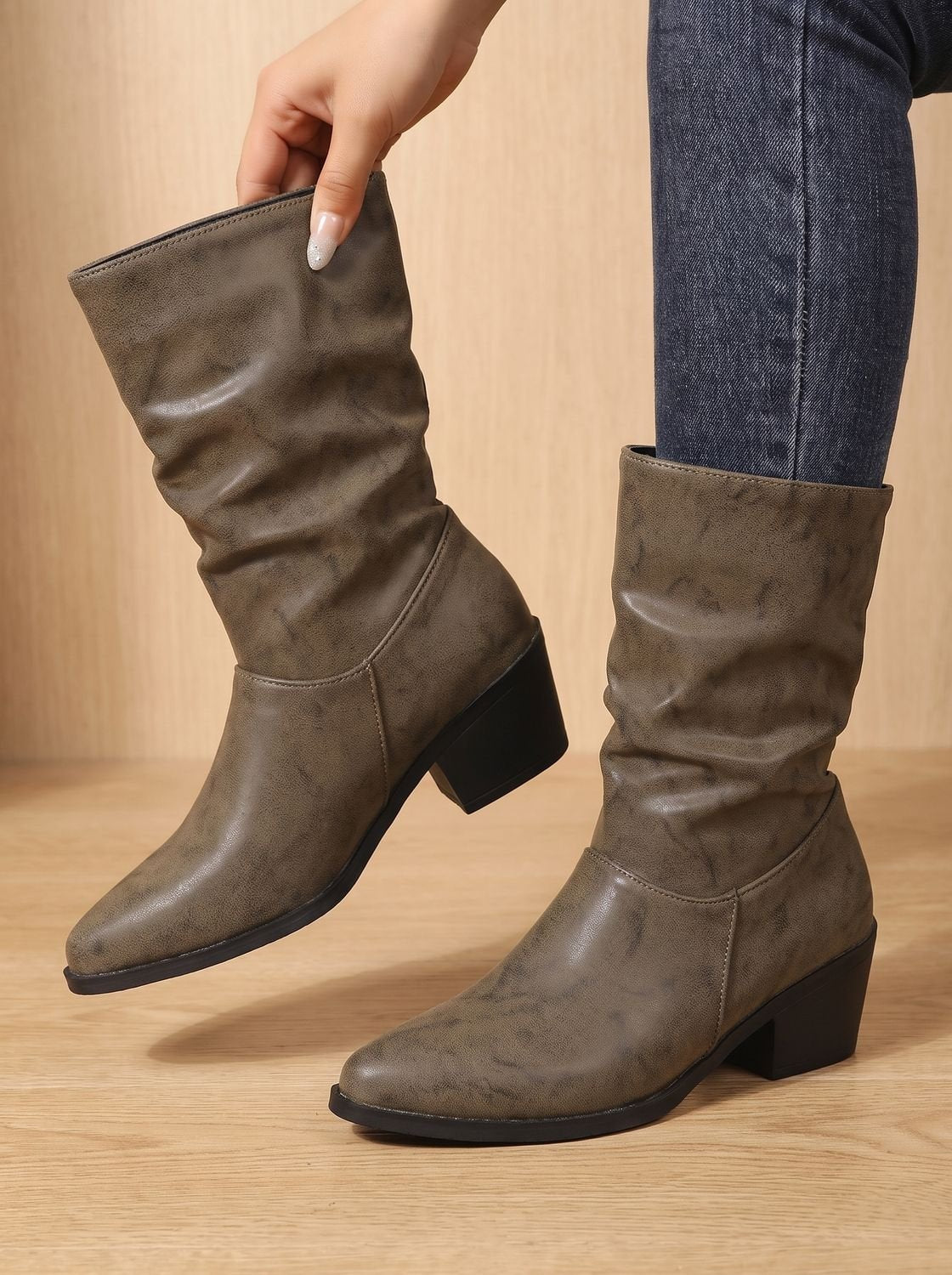 Madison | Women's mid-calf ruched faux leather boots with block heel