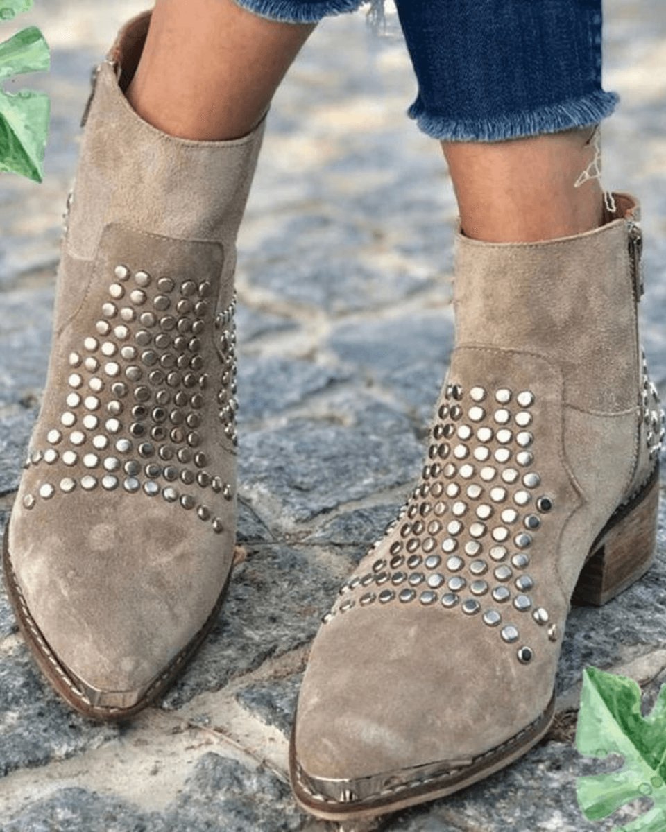 Evelyn | Women's suede ankle boots with studs, side zip, and block heel