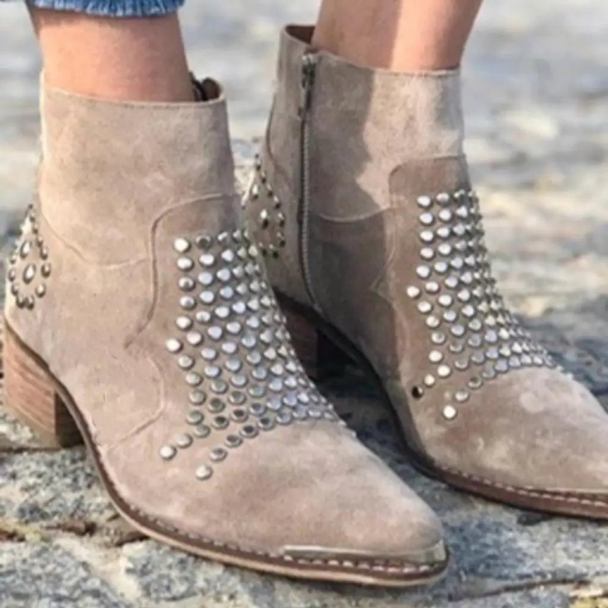 Evelyn | Women's suede ankle boots with studs, side zip, and block heel
