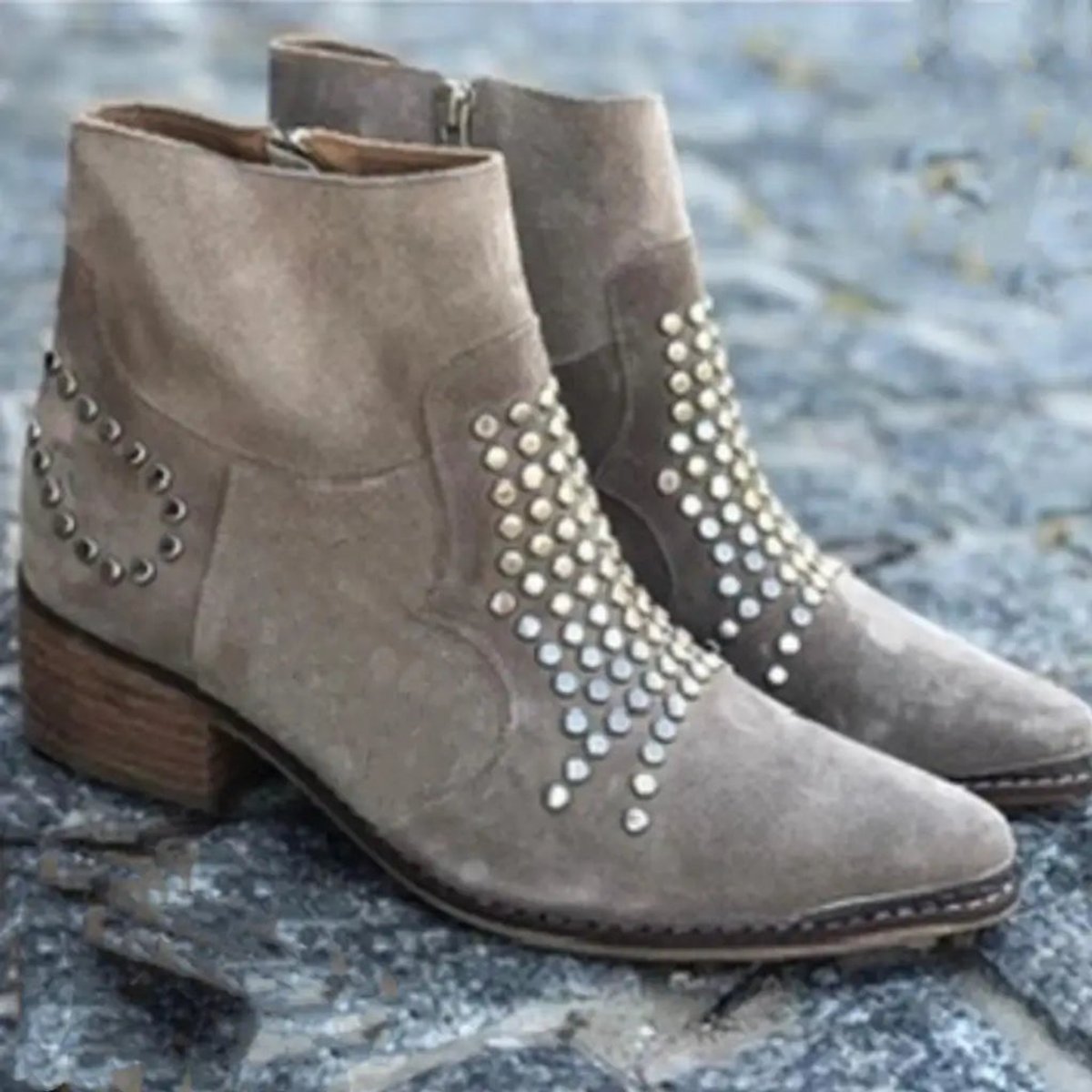 Evelyn | Women's suede ankle boots with studs, side zip, and block heel