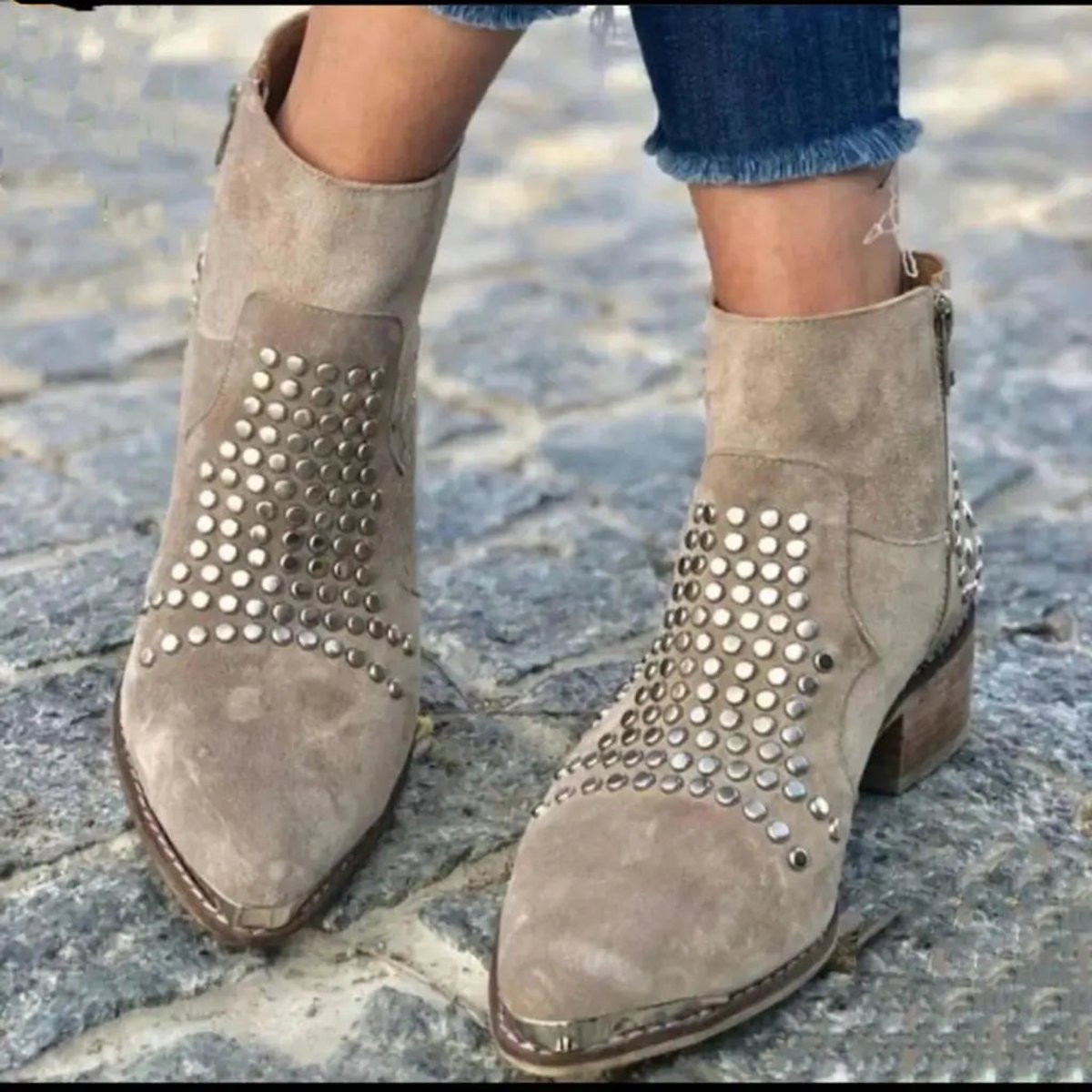 Evelyn | Women's suede ankle boots with studs, side zip, and block heel