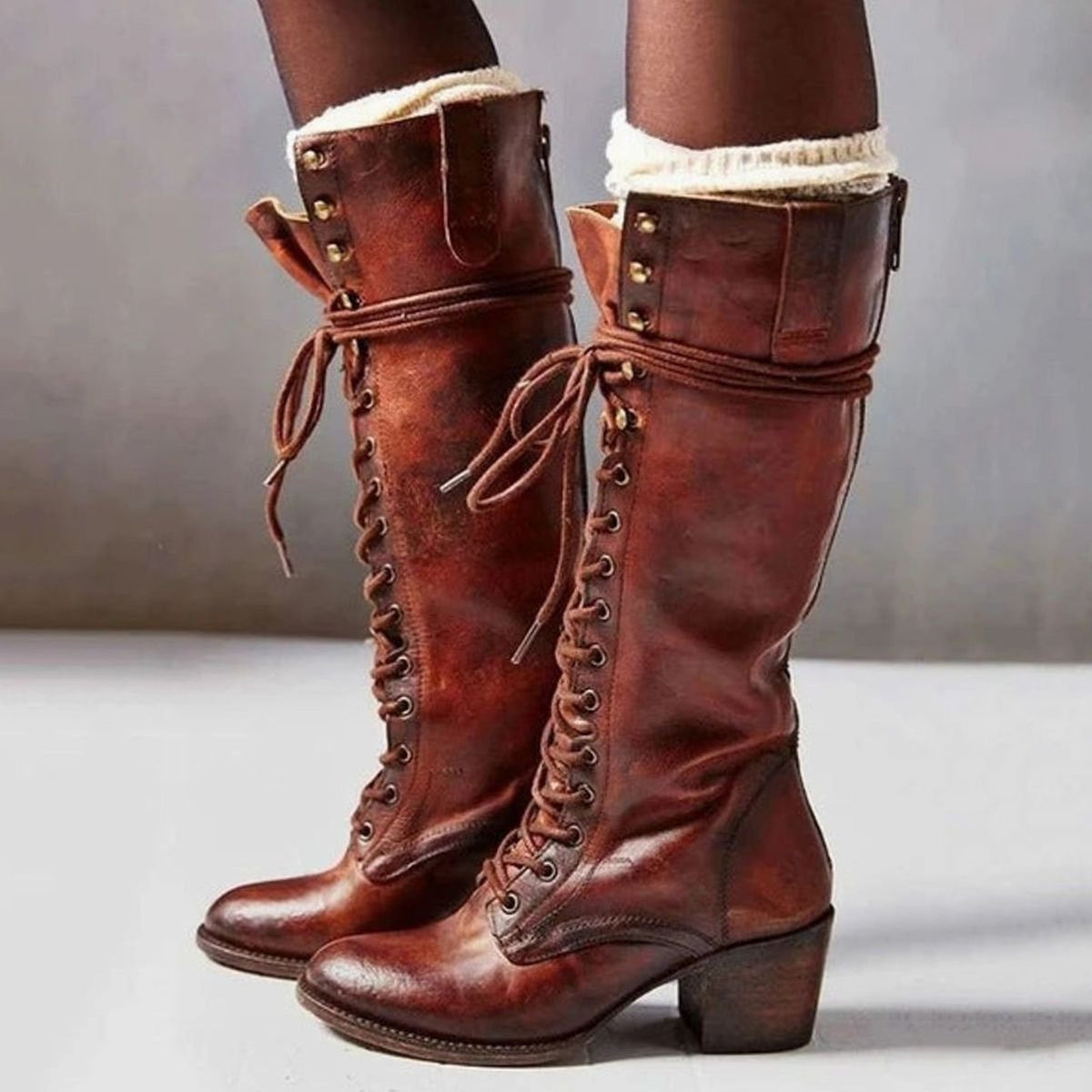 Isabella | Women's vintage knee-high lace-up boots with block heel