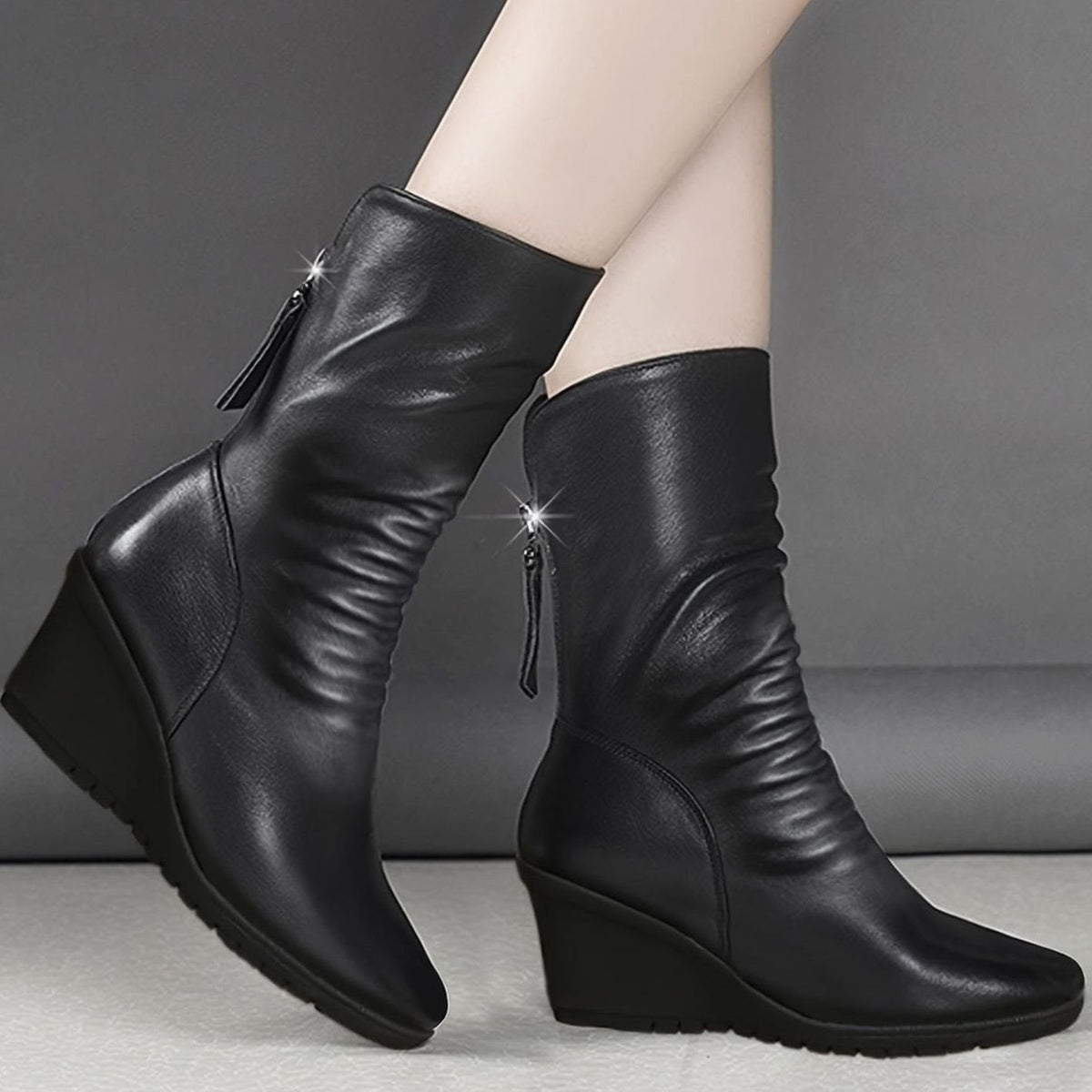 Eleanor | Women's mid-calf wedge boots with ruching and tassel detail